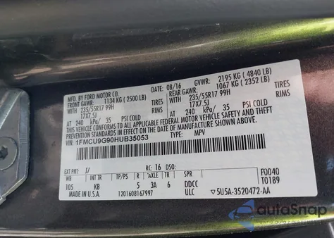 2017 Ford Escape Se z USA, uszkodzony, nr VIN 1FMCU9G90HUB35053